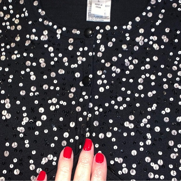 Talbots Cardigan Sweater Women's M Black Merino Wool Sequin Long Sleeve - Picture 4 of 8
